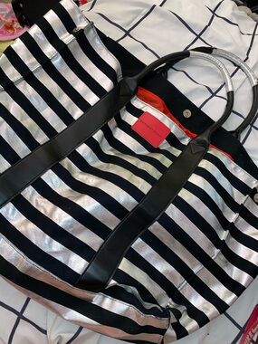 Victoria's Secret Black, Silver & Red Striped Big Tote